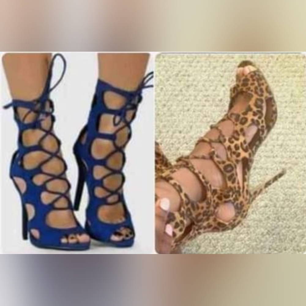 Breckelles Roma-61 Lace-Up Gladiator Peep Toe High Heel: (1) Leopard & Blue~5.5